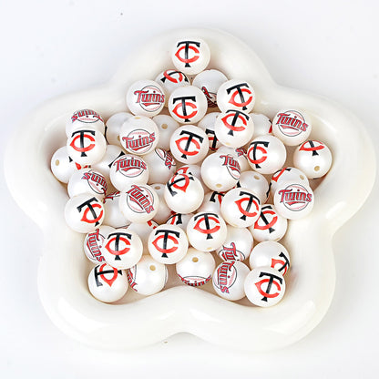 100Pcs 16mm frosted printing MLB baseball league round beads loose beads DIY bead pen car hanging baseball team accessories
