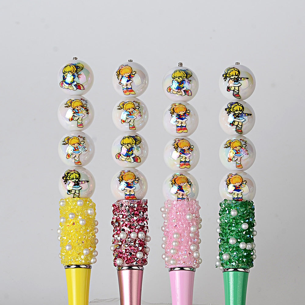 100PCS16mm acrylic plated uv printing cartoon rainbow fairy straight hole round bead DIY mobile phone rope keychain accessories