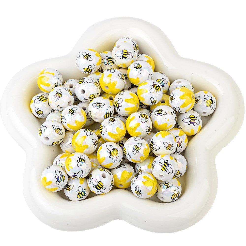 100Pcs acrylic plated cute little bee through hole round beads DIY handmade beaded necklace earrings bracelet accessories loose beads