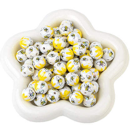 100Pcs acrylic plated cute little bee through hole round beads DIY handmade beaded necklace earrings bracelet accessories loose beads