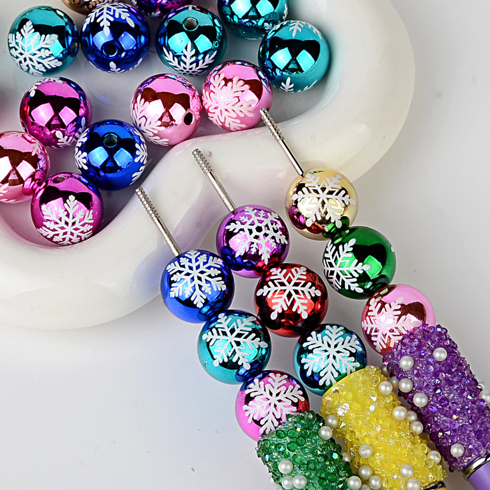 100Pcs 16mm metallic Christmas series snowflake printing round beads DIY handmade beaded loose beads mobile phone chain accessories