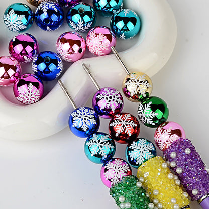 100Pcs 16mm metallic Christmas series snowflake printing round beads DIY handmade beaded loose beads mobile phone chain accessories