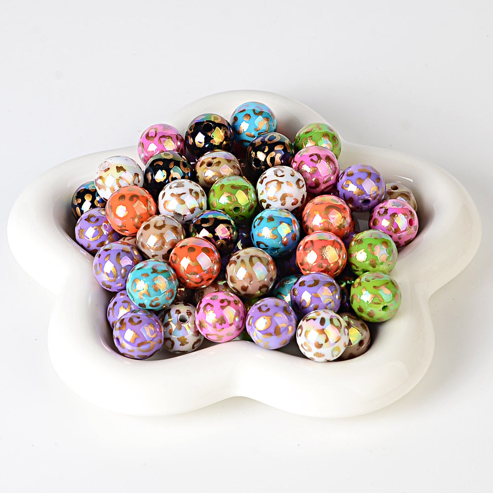 100Pcs 16mm cross-border UV electroplating leopard print through-hole round beads mobile phone chain keychain bead pen DIY loose bead material wholesale
