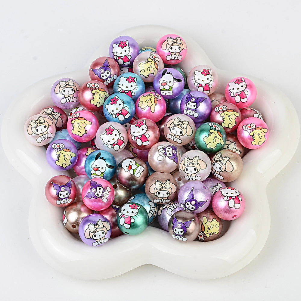 100Pcs printed Sanrio Hello Kitty hallo KT straight hole round beads DIY jewelry loose beads mobile phone chain bead pen accessories
