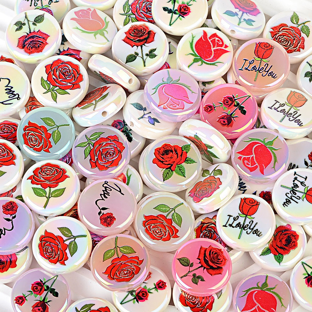 100Pcs Valentine's Day rose printing flat bead disc acrylic plated colored bead mobile phone chain string pen bead DIY accessories material