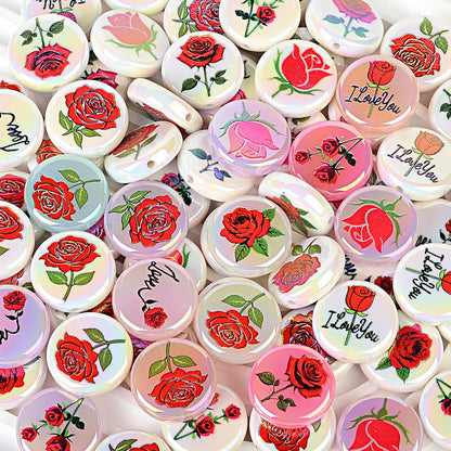 100Pcs Valentine's Day rose printing flat bead disc acrylic plated colored bead mobile phone chain string pen bead DIY accessories material