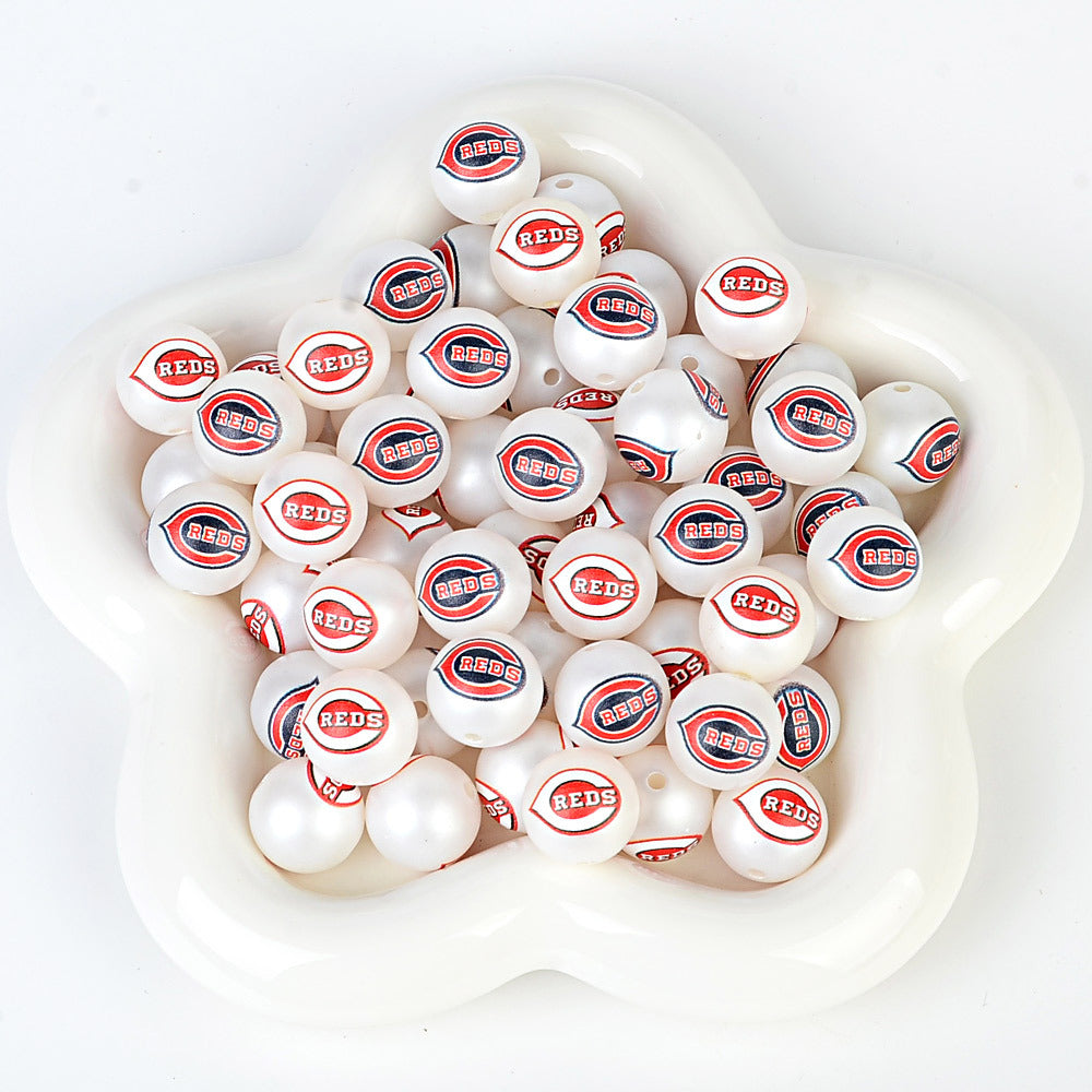 100Pcs 16mm frosted printing MLB baseball league round beads loose beads DIY bead pen car hanging baseball team accessories