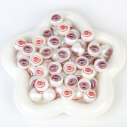 100Pcs 16mm frosted printing MLB baseball league round beads loose beads DIY bead pen car hanging baseball team accessories