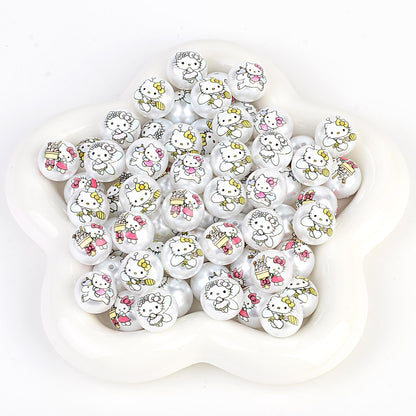 100Pcs printed Sanrio Hello Kitty hallo KT straight hole round beads DIY jewelry loose beads mobile phone chain bead pen accessories
