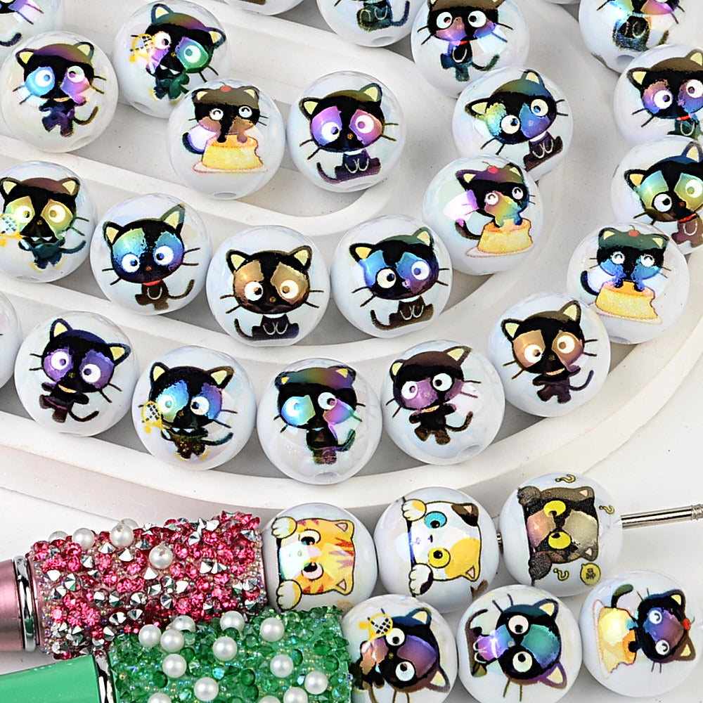 100Pcs 16mm acrylic solid color printing cartoon small black cat straight hole round beads DIY Douyin live broadcast mobile phone rope jewelry beads