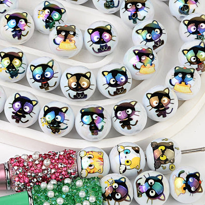 100Pcs 16mm acrylic solid color printing cartoon small black cat straight hole round beads DIY Douyin live broadcast mobile phone rope jewelry beads