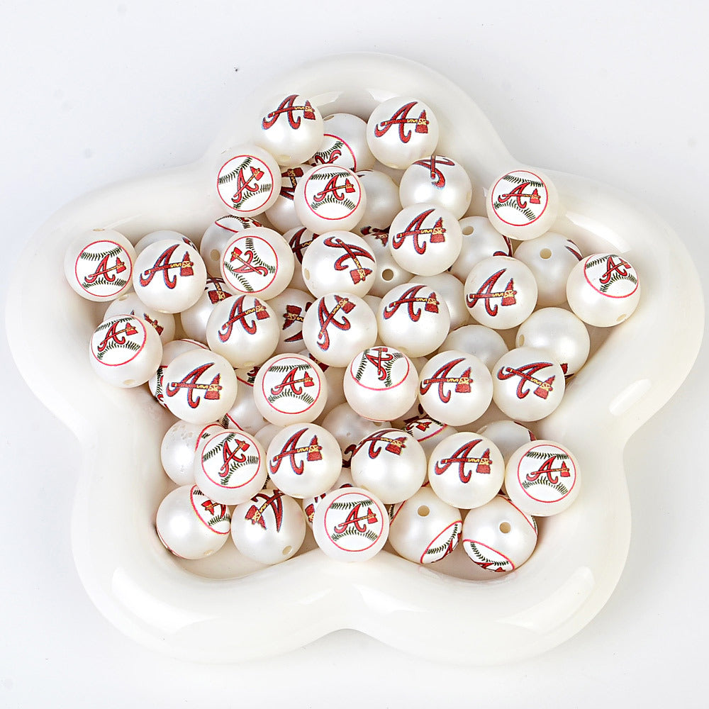 100Pcs 16mm frosted printing MLB baseball league round beads loose beads DIY bead pen car hanging baseball team accessories
