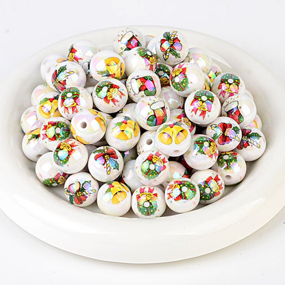 100Pcs Christmas elements printed round beads Santa Claus Christmas tree gingerbread man various acrylic beaded ornaments wholesale