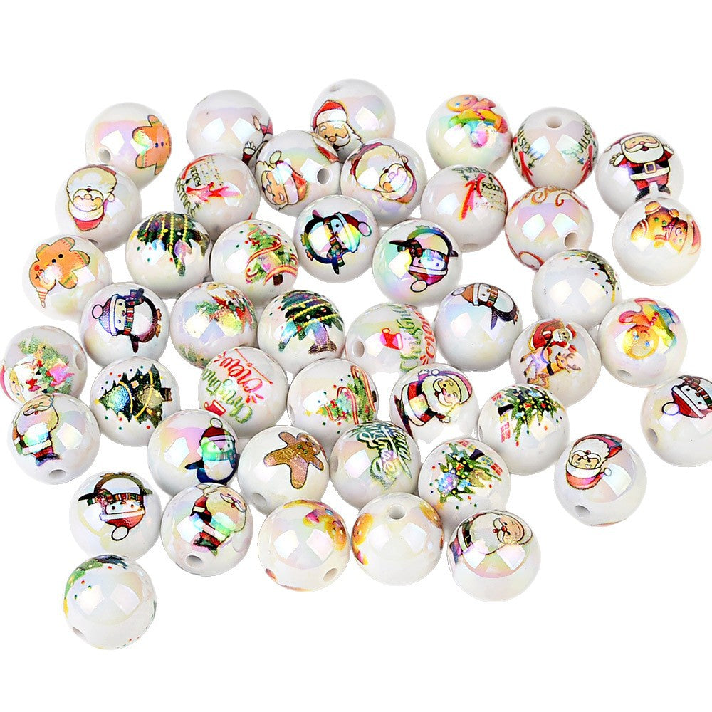 100Pcs Christmas elements printed round beads Santa Claus Christmas tree gingerbread man various acrylic beaded ornaments wholesale