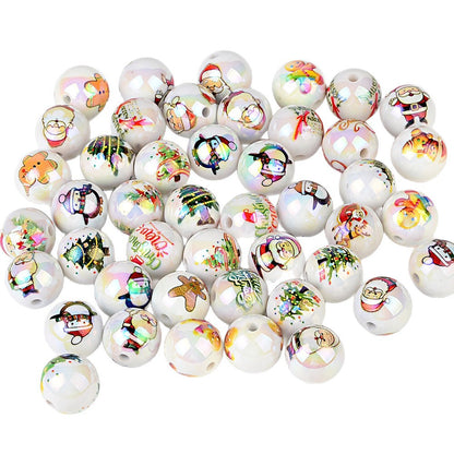 100Pcs Christmas elements printed round beads Santa Claus Christmas tree gingerbread man various acrylic beaded ornaments wholesale
