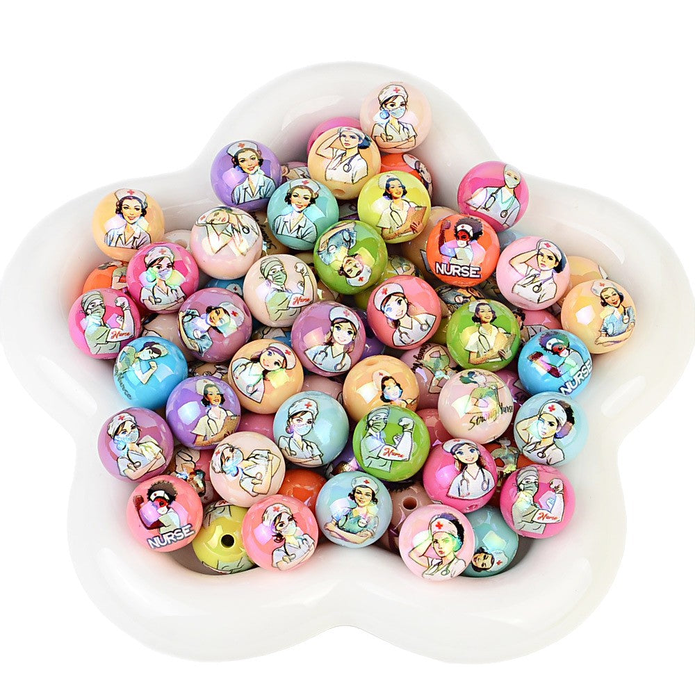 100Pcs acrylic disc bead printing medical clothing straight hole round bead DIY mobile phone rope keychain bead pen accessories