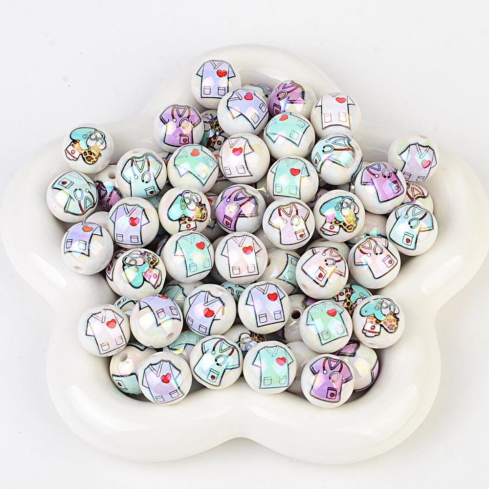 100Pcs 16mmUV color-plated printing nurse clothing medical supplies round beads DIY loose beads string pen mobile phone chain jewelry accessories