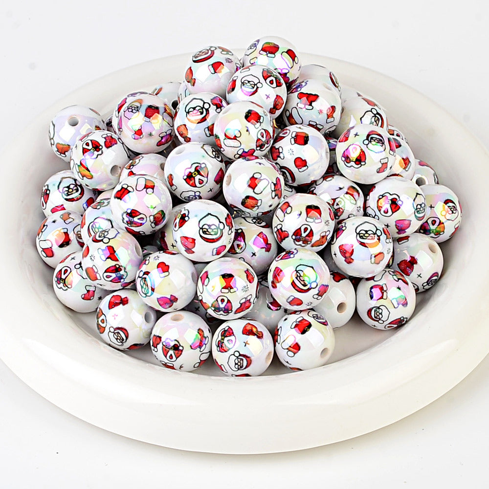 100Pcs Christmas elements printed round beads Santa Claus Christmas tree gingerbread man various acrylic beaded ornaments wholesale