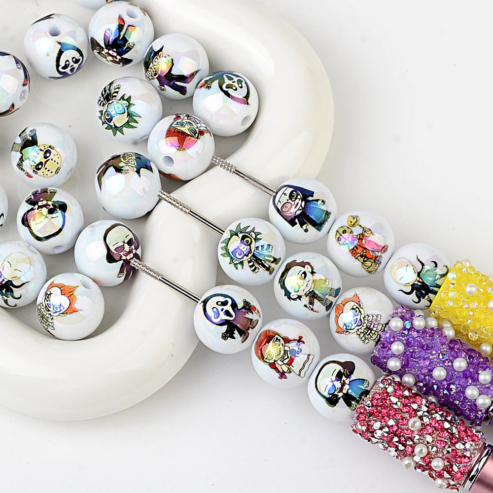 100Pcs Halloween dark cartoon character printed acrylic round beads flat piece mixed DIY handmade accessories wholesale
