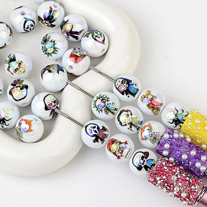 100Pcs Halloween dark cartoon character printed acrylic round beads flat piece mixed DIY handmade accessories wholesale