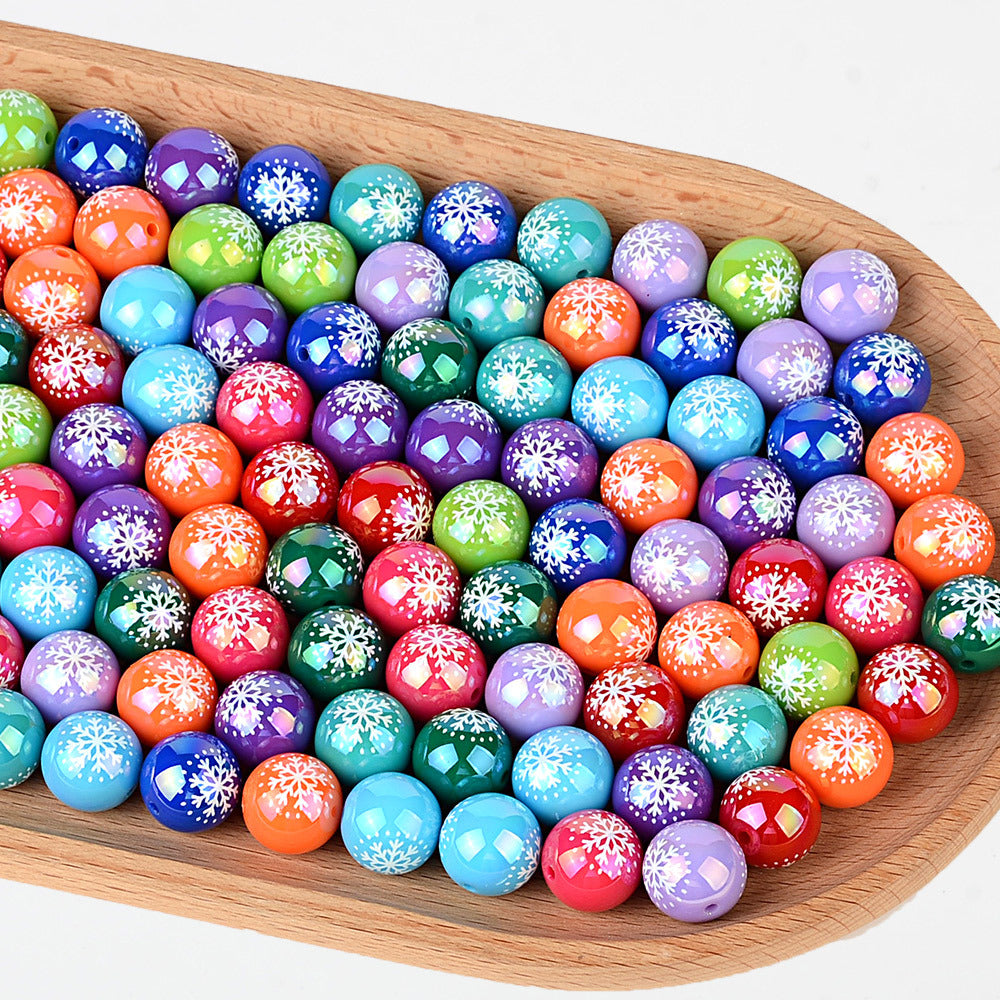 100Pcs acrylic UV plating color printing color Christmas snowflake round beads DIY handmade jewelry beaded material accessories