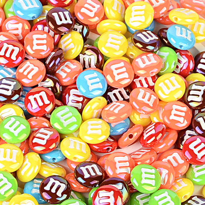 100Pcs cross-border popular 14mm acrylic mixed color M bean flat bead beaded DIY mobile phone chain keychain material jewelry