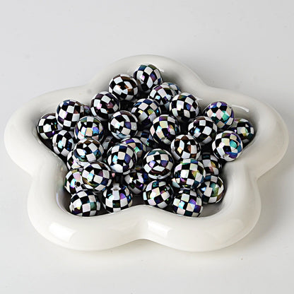 100Pcs UV plated color checkerboard square grid pattern round beads DIY handmade beaded loose bead string pen mobile phone chain jewelry accessories