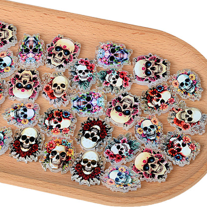 100Pcs Halloween printed acrylic dark flower skull piece beads DIY bead pen mobile phone chain keychain with