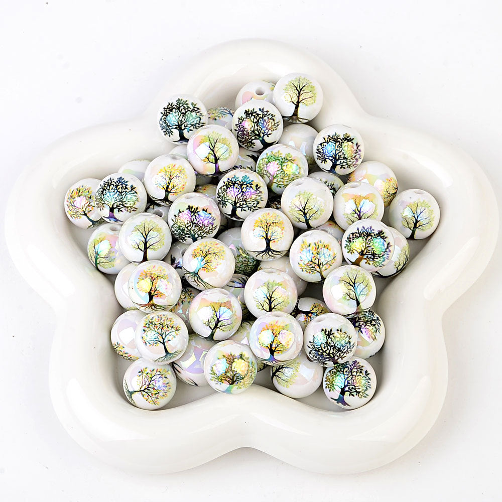 100Pcs Cross-border hot-selling Tree of Life beads Symphony white background tree pattern flat beads Handmade beading material manufacturers wholesale