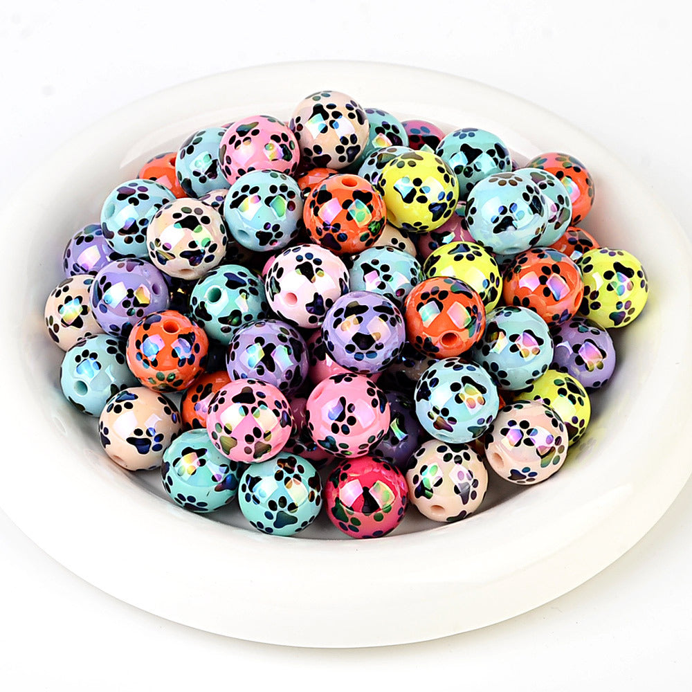 100Pcs acrylic solid color printing cat claw pattern 16 vertical hole round beads DIY Douyin live broadcast mobile phone rope keychain accessories