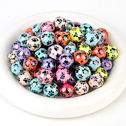 100Pcs acrylic solid color printing cat claw pattern 16 vertical hole round beads DIY Douyin live broadcast mobile phone rope keychain accessories