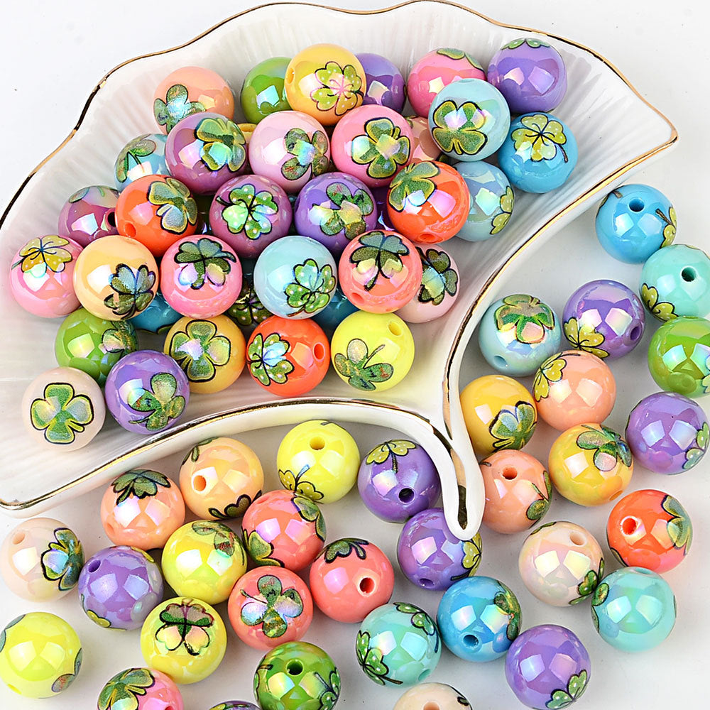 100Pcs 16mm acrylic printing four-leaf clover through-hole round beads DIY Douyin live broadcast mobile phone rope keychain pen accessories