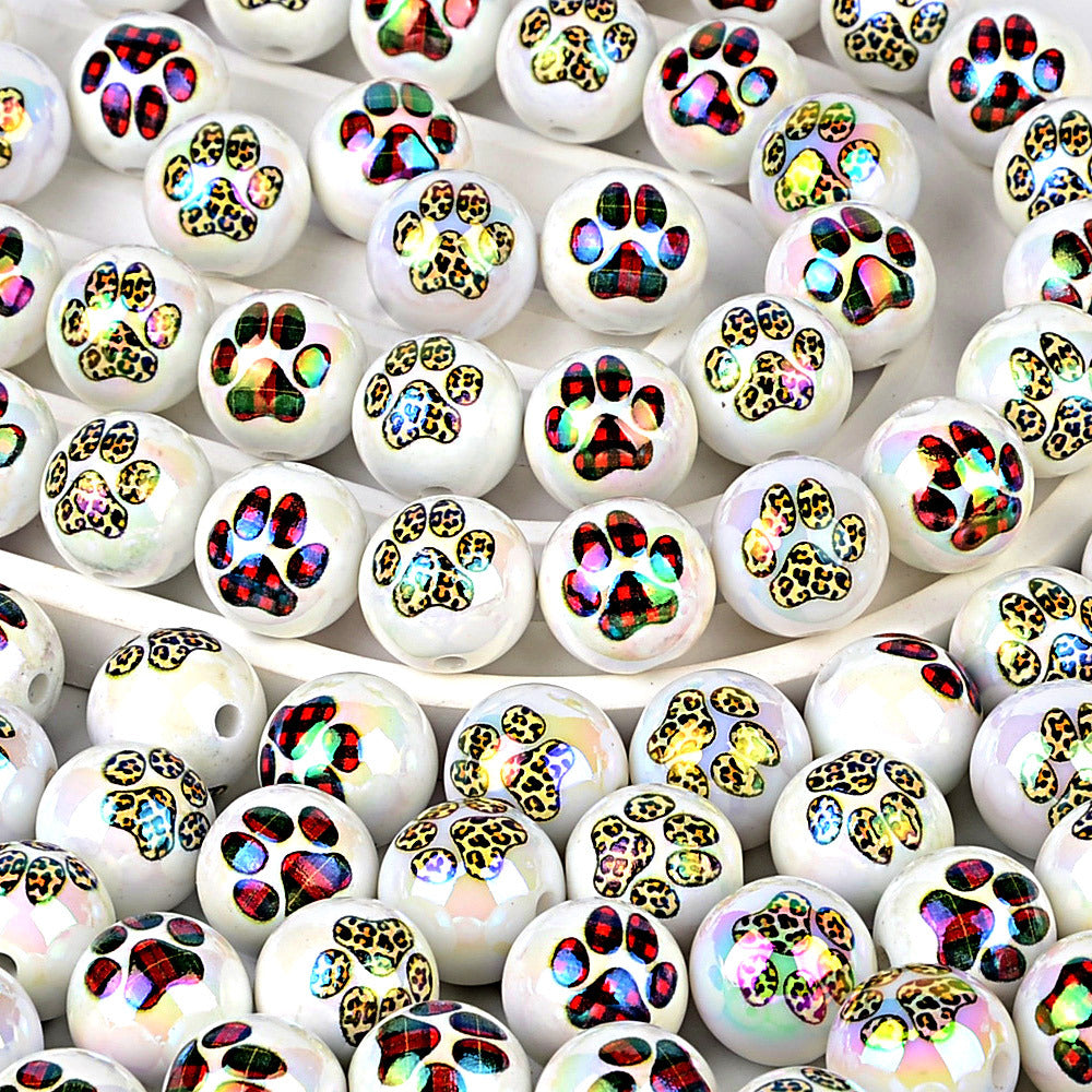 100Pcs 16mm acrylic plated uv leopard pattern plaid printing cat paw printing straight hole round beads DIY handmade loose beads jewelry accessories