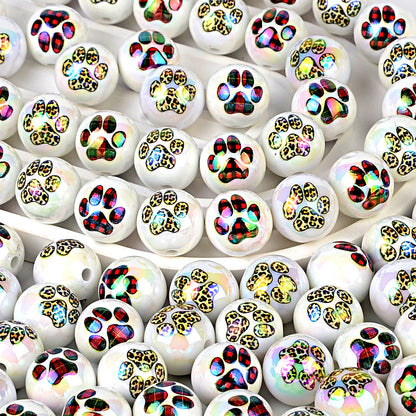 100Pcs 16mm acrylic plated uv leopard pattern plaid printing cat paw printing straight hole round beads DIY handmade loose beads jewelry accessories