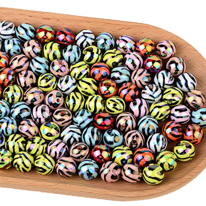 100Pcs UV plated colored acrylic zebra pattern line round beads colored striped beads DIY mobile phone chain keychain beaded material