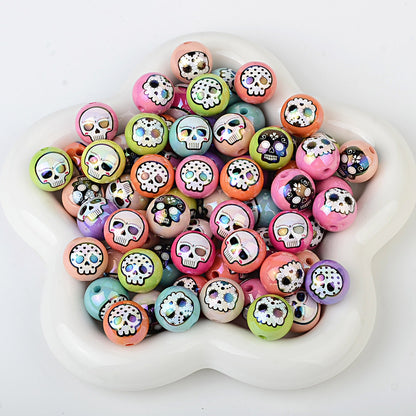 100Pcs 16mm double-sided printed skull through-hole loose beads can be handmade DIY material bracelet bracelet bead pen accessories