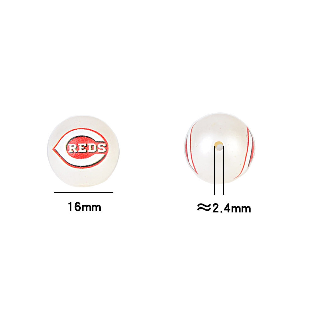 100Pcs 16mm frosted printing MLB baseball league round beads loose beads DIY bead pen car hanging baseball team accessories