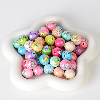 100Pcs Cross-border 16mm acrylic rainbow bear cartoon pattern printed beads round beads DIY bead pen jewelry accessories