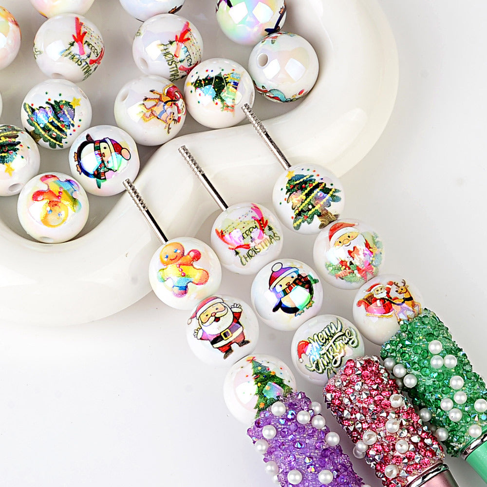 100Pcs Christmas elements printed round beads Santa Claus Christmas tree gingerbread man various acrylic beaded ornaments wholesale