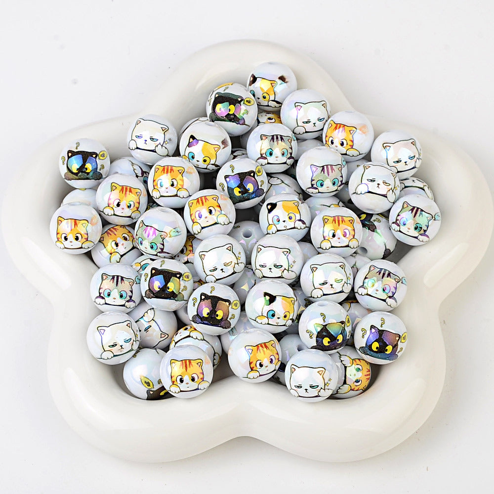 100Pcs 16mm acrylic solid color printing cartoon small black cat straight hole round beads DIY Douyin live broadcast mobile phone rope jewelry beads