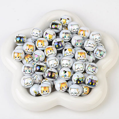 100Pcs 16mm acrylic solid color printing cartoon small black cat straight hole round beads DIY Douyin live broadcast mobile phone rope jewelry beads