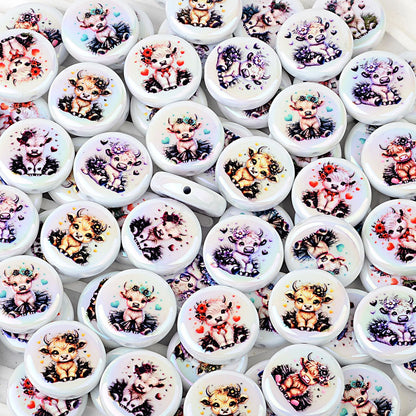 100Pcs acrylic double-sided printing cow head pattern straight hole round beads DIY mobile phone rope keychain string pen accessories wholesale