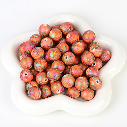 100Pcs acrylic feel gradual change color imitation ceramic flower beads straight hole pattern round beads beaded DIY bracelet necklace jewelry