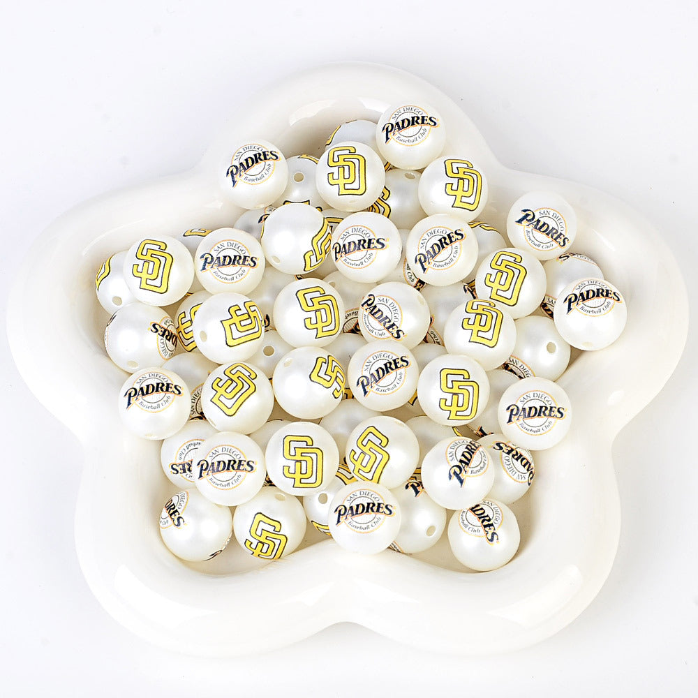 100Pcs 16mm frosted printing MLB baseball league round beads loose beads DIY bead pen car hanging baseball team accessories