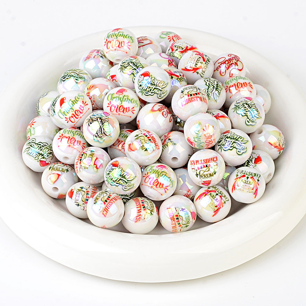 100Pcs Christmas elements printed round beads Santa Claus Christmas tree gingerbread man various acrylic beaded ornaments wholesale