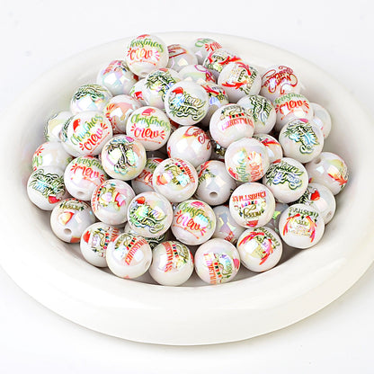 100Pcs Christmas elements printed round beads Santa Claus Christmas tree gingerbread man various acrylic beaded ornaments wholesale
