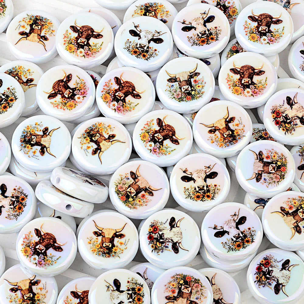 100Pcs American Western Country Wind Bullhead Printed Flat Beads DIY Handmade Beaded String Pen Mobile Phone Chain Pendant Accessories