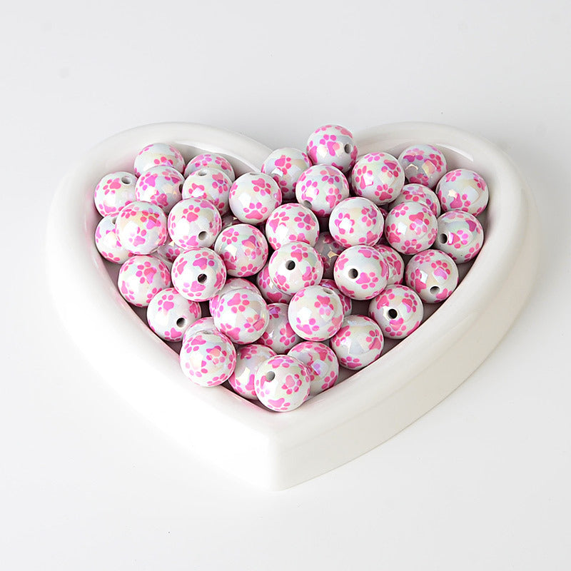 100Pcs 16mm Color Small Fresh Cat's Claw Pattern Printed Acrylic Beads Suitable for DIY Beads Bulk