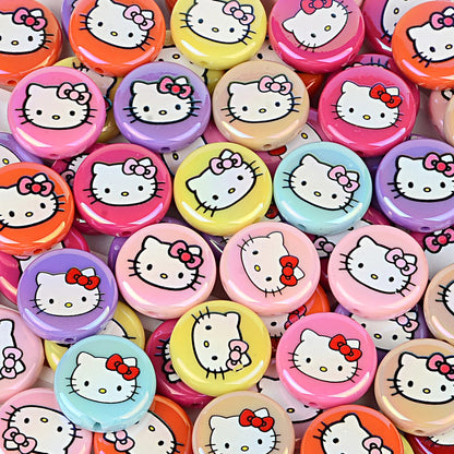 100Pcs acrylic loose beads double-sided printed hallo KT cat straight hole disc beads DIY jewelry mobile phone chain bead pen with