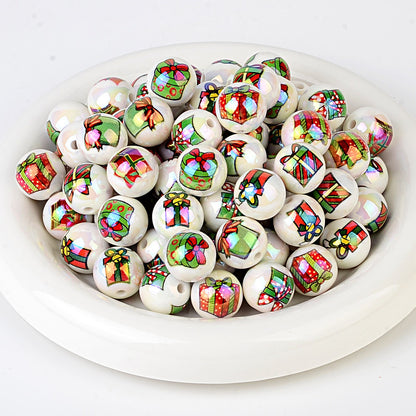 100Pcs Christmas elements printed round beads Santa Claus Christmas tree gingerbread man various acrylic beaded ornaments wholesale